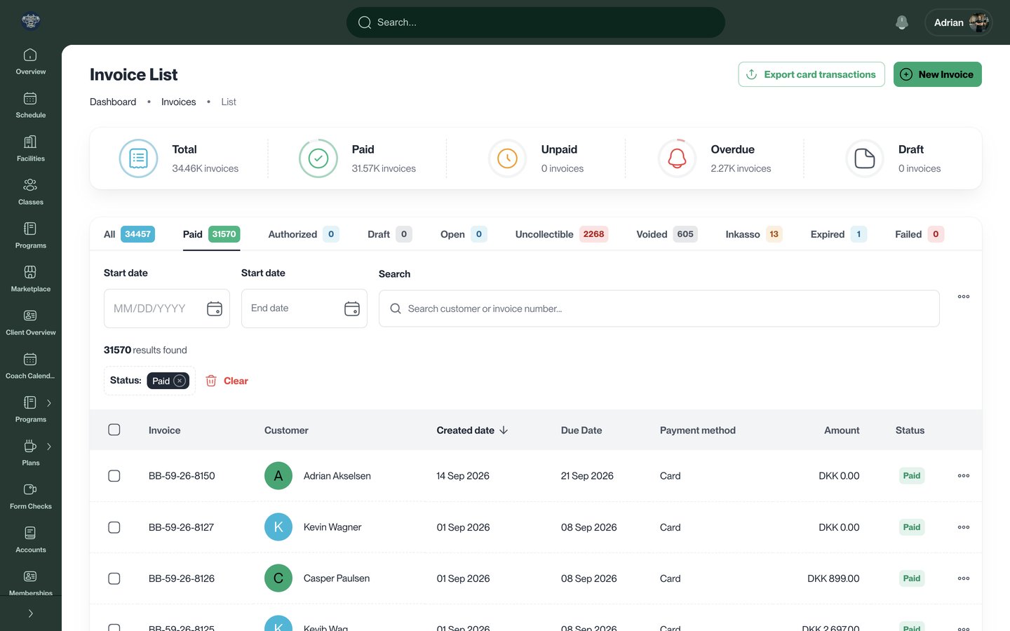 Invoice overview in Booking Board with paid invoices and payment status