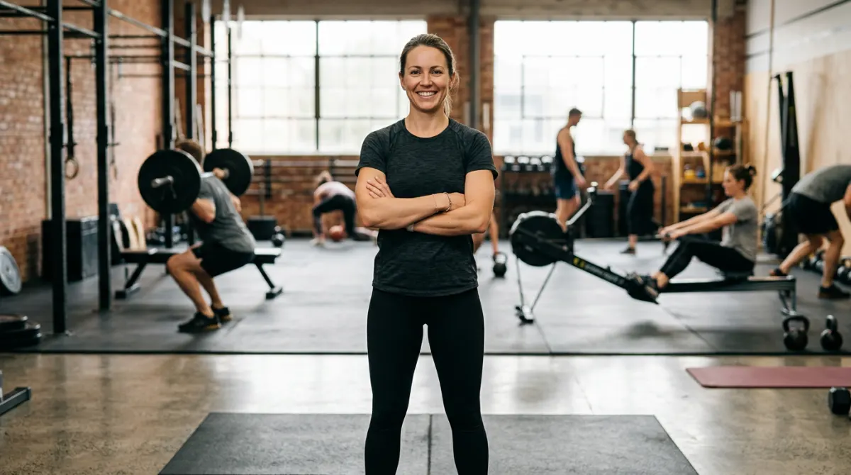 Smiling coach on the floor of a busy training gym